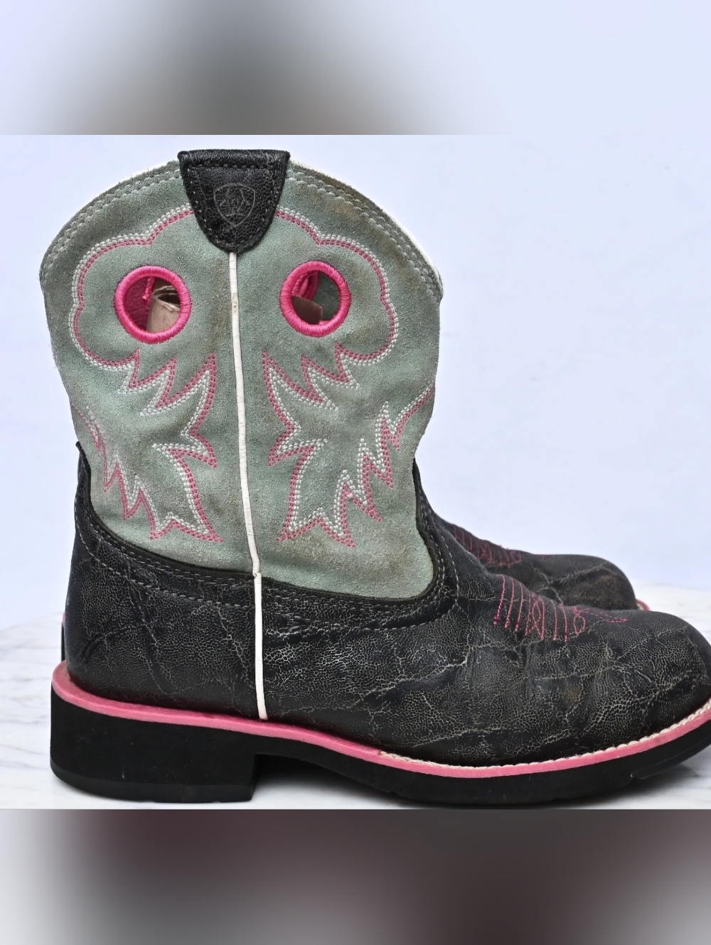 P Ariat Fatbaby Sheila Western Equestrian Boots charcoal green pink Sz 5 - Picture 4 of 5